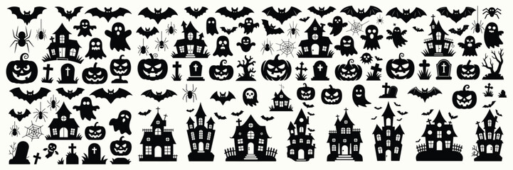 Set of Classic Black and White Halloween Motifs with Bats, Ghosts, and Pumpkins for Festive Decor