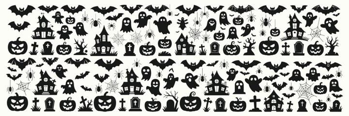 Assortment of Spooky Halloween Silhouettes Featuring Haunted Houses and Jack-O-Lanterns