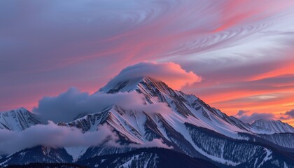 Snow-capped mountain peak under vibrant pink and purple sunset clouds, surrounded by mist and dramatic sky.