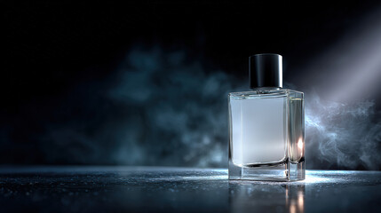 Simple glass perfume bottle with sleek design sits on reflective surface, illuminated by soft light, creating elegant and mysterious atmosphere