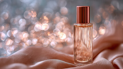 Beautiful perfume bottle sits elegantly on soft satin fabric, surrounded by dreamy bokeh background that adds touch of glamour and sophistication to scene