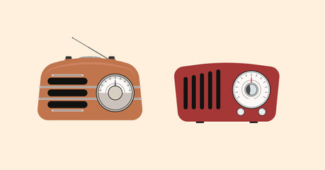 Vector illustration of two vintage retro radios with classic design, one in brown and one in red. Featuring analog dials, speaker grilles, and nostalgic shapes, isolated on soft beige background.