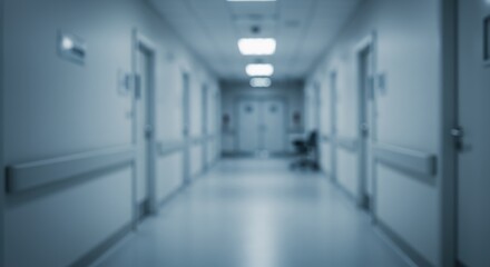 Obraz premium Blurred Hospital Hallway with Doors and Lights Perspective