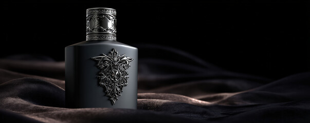Closeup of matte black perfume bottle featuring intricate silver gothic designs, elegantly placed on dark, luxurious fabric. composition evokes sense of mystery and sophistication