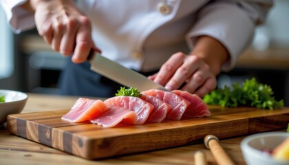 A chef slices fresh raw fish on a wooden cutting board, preparing sashimi in a professional kitchen setting.