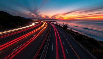 A coastal highway at sunset with streaks of car lights and dramatic clouds over the ocean.