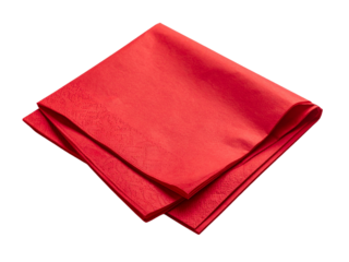 Red paper napkin on a white background suitable for food photography, restaurant menu designs, kitchen decor, festive table setting concepts.