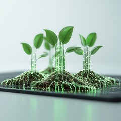 nature conservation concept Digital plants growing from a circuit board surface.
