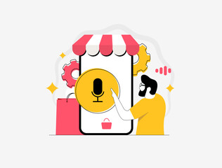Voice commerce integration enables seamless e-commerce purchases via voice-activated devices. Enhancing AI shopping experience and changing how consumers interact with retail. Vector illustration