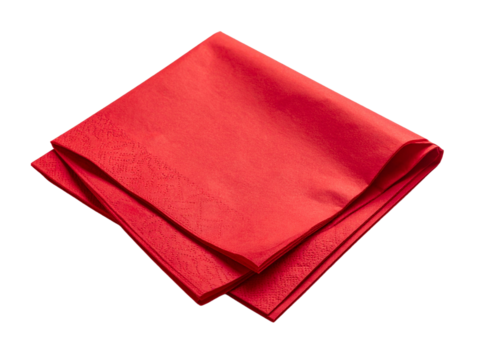 Red paper napkin on a white background suitable for food photography, restaurant menu designs, kitchen decor, festive table setting concepts.