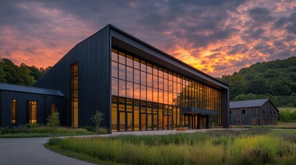 Obraz premium Modern Building at Sunset with Glass Facade