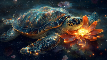 Obraz premium A luminous turtle rests beside a radiant flower.