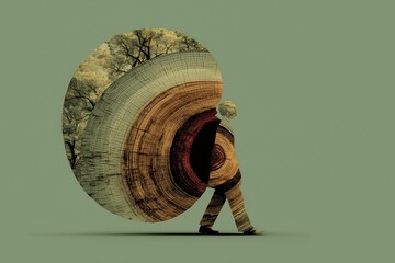 Environmentalist with tree growth rings on sage green bg, climate change, eco activism