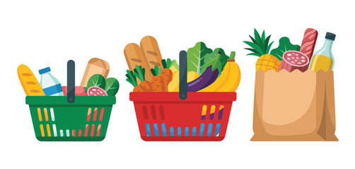 Grocery Shopping Illustration with Baskets and Bag