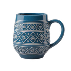 Blue ceramic mug with floral design isolated on transparent background