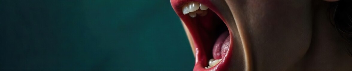 A close-up shot of an open mouth, screaming, with veins visible in the throat, suggesting intense anger or fear The image conveys raw emotion and vulnerability , terror, scream