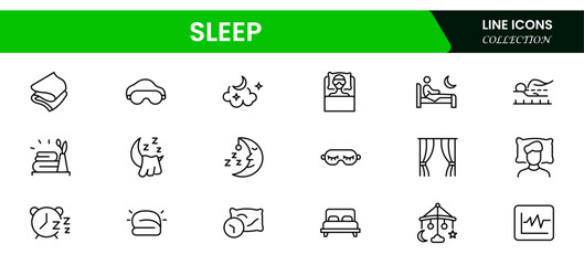 Vector illustration web line icon collection featuring sleep-related symbols like a bed, pillow, moon, stars, alarm clock, sleep mask, and Zzz icons.
