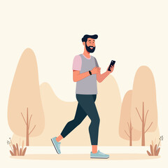 A male is doing work out with use smartphone and smartwatch at city park space