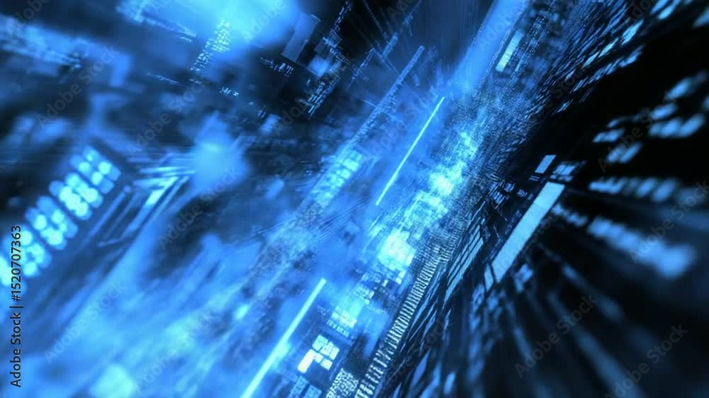 Poster dynamic blue digital tunnel with glowing data streams for network visualization
