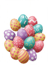 Colorful Easter eggs with unique patterns on a white backdrop.