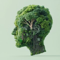 nature conservation concept Human head merged with greenery and technology, symbolizing nature and innovation.