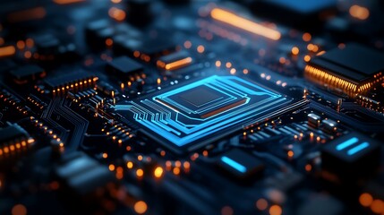 Obraz premium Circuit Board with Glowing Electronic Components Close-up