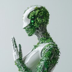 nature conservation concept Robot figure adorned with greenery in a serene pose.