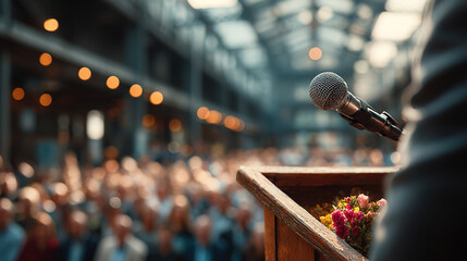 Serious politician delivering speech at wooden podium during conference, passionate public speaker addressing important social issues, leadership and political campaign concepts
