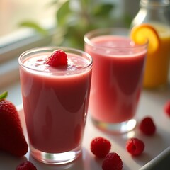 Fruit Smoothie Glasses with Raspberry and Strawberry