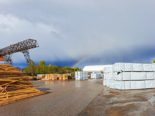Lumber, boards, stacked. Products packed in polyethylene.