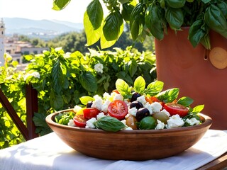 Dieta estiva e salutare: ricca insalata con pomodori, olive, feta, basilico, lattuga, cetrioli e olio di oliva