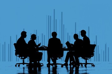 Business meeting concept with team silhouettes and charts on light blue bg, collaboration, strategy planning
