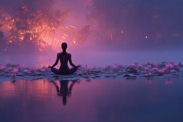 Yoga instructorâ€™s silhouette blended with misty lotus pond, spiritual calm