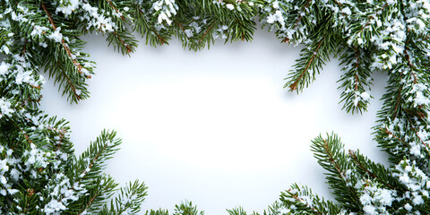 Green pine and fir branches frame a festive border of Christmas decorations, perfect for holiday and New Year celebrations