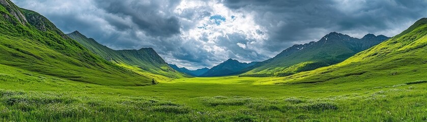 A panoramic view of a lush green valley surrounded by majestic mountains under a dramatic cloudy sky.