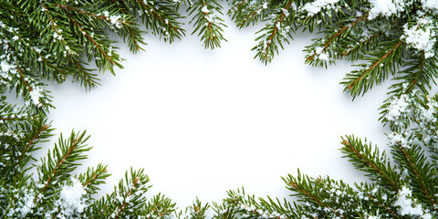 Green pine and fir branches frame a festive border of Christmas decorations, perfect for holiday and New Year celebrations