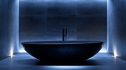 Bathtub in Modern Bathroom with Blue Lighting and Dark Walls