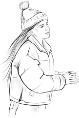 Girl in winter clothes with cup vector