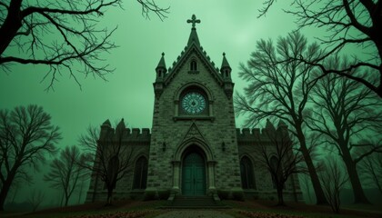 Fototapeta premium Gothic Church Surrounded by Trees Under a Mysterious Green Sky in an Eerie Atmosphere