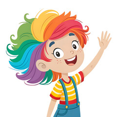 Isolated on a white background, a colorful-haired girl is depicted waving at the viewer.