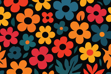 Retro seamless floral pattern with bold and bright flowers on a dark background