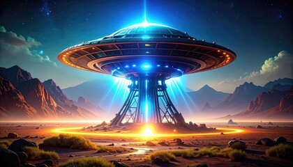 sci fi energy effect. Futuristic spacecraft hovering over a surreal landscape with mountains and glowing lights in a vibrant, otherworldly setting.