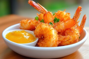 Crispy coconut shrimp with dipping sauce gourmet restaurant food photography natural light close-up culinary delight