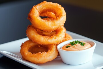 Delicious onion rings with dipping sauce restaurant food photography indoor close-up culinary delight