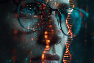 Scientistâ€™s face layered with dna strands and glowing lab equipment, futuristic research