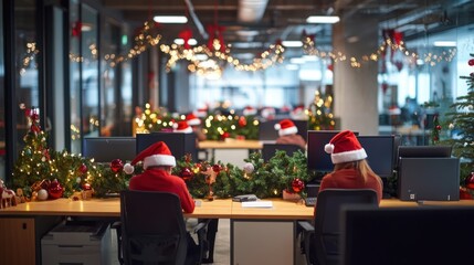 Naklejka premium Festive Office Christmas Scene with Decorated Desks and Santa Hats