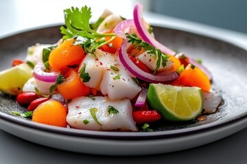 Fresh seafood salad with citrus contemporary restaurant food photography indoor dining gourmet cuisine