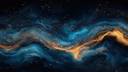 Abstract Cosmic Swirl with Gold and Blue Glitter