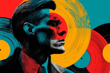 Musicianâ€™s profile merged with vinyl records and soundwave fields, retro music vibe