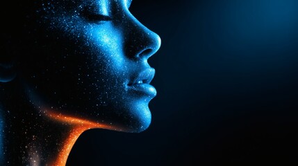 Woman face with sparkling skin, Digital beauty portrait, Ideal for AI, future or cosmetic design themes